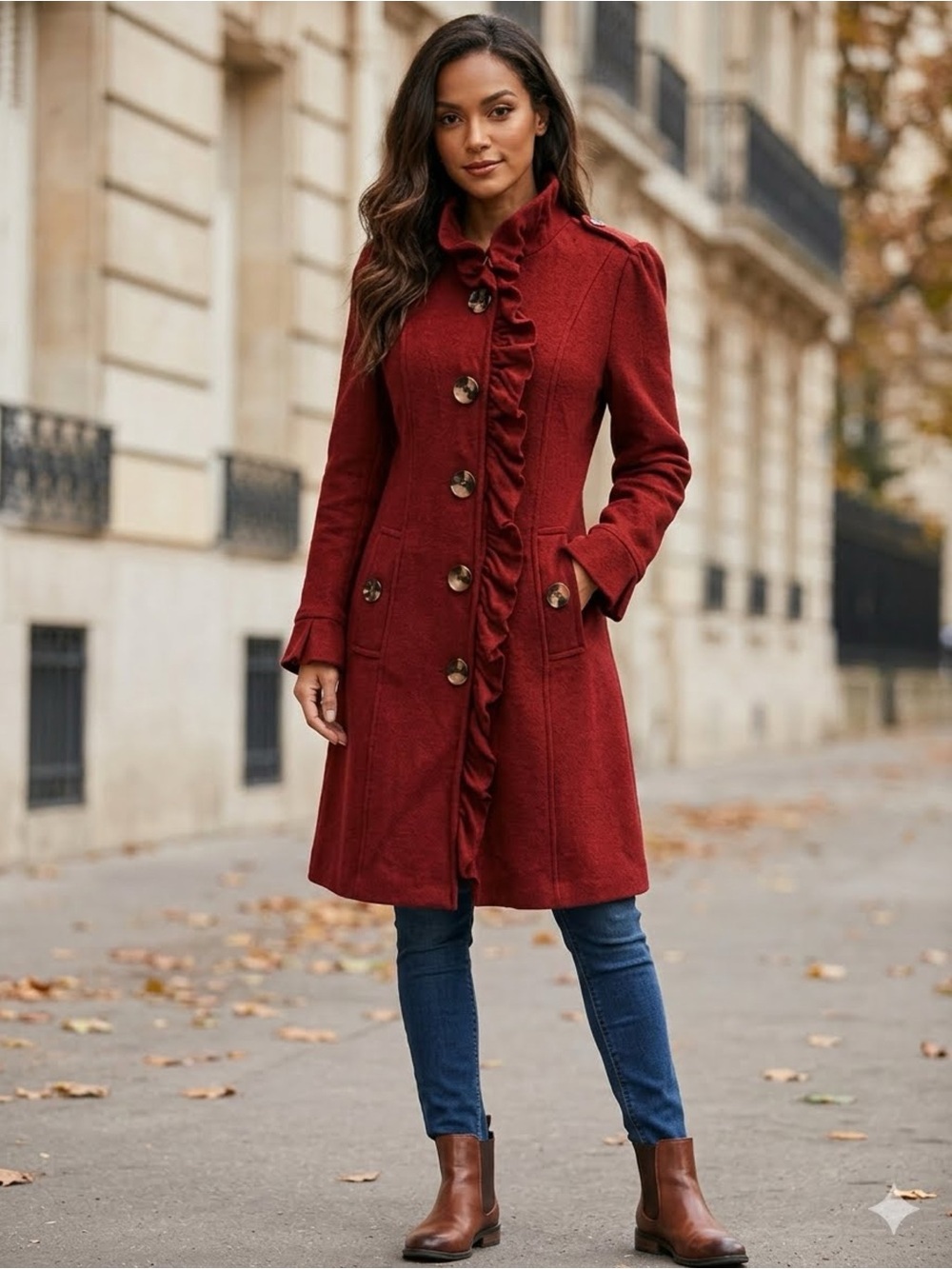 Luii French Girl Autumn Red Ruffle Trench Romantic Coat Textured Boiled Wool S